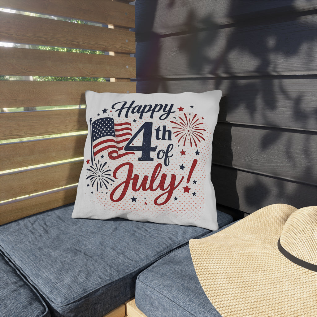 Happy 4th of July Outdoor Pillow — Patriotic American Flag Fireworks Cushion