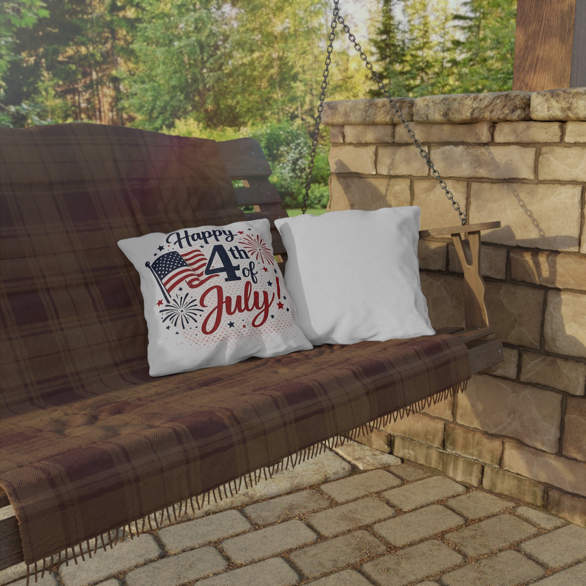 Happy 4th of July Outdoor Pillow — Patriotic American Flag Fireworks Cushion